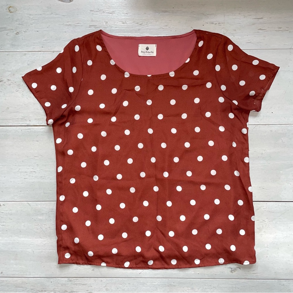 Betsy’s Boutique Women’s Polka Dot Scoop Neck Top Rust Rose Lined S Cottagecore